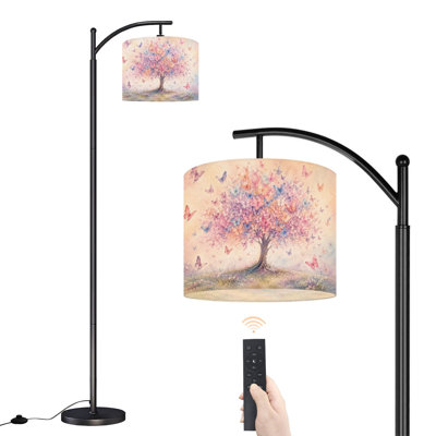 Arched Floor Lamp Whimsical Blossoming Tree Vibrant Butterflies Soft Pastel Colors 62.6" Tall Modern Standing Lamp, LED Linen Drum Shade, 3 Color Temperature, Remote & Foot Switch Control for Living Room Bedroom Reading Nook