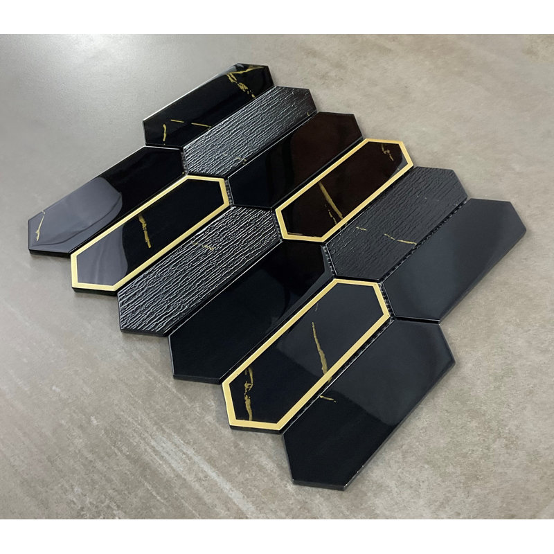 Glass Mosaic Wall Tile, Black & Gold Glazed