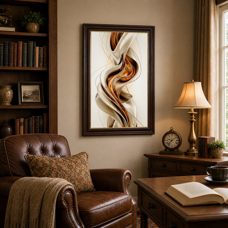 Toile murale abstraite à tourbillons métalliques tourbillonnants bronze et crème, H 24 po x l 16 po