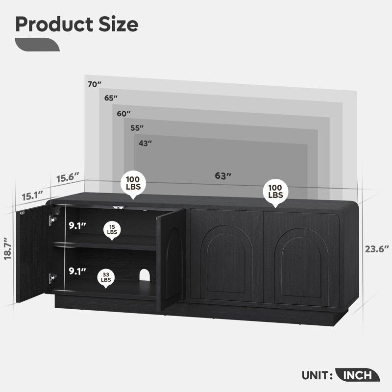 63" Modern TV Stand for TVs up to 70", Media Console with 4 Arched Doors & Adjustable Shelves, Push-to-Open Entertainment Center with Cable Management, Black
