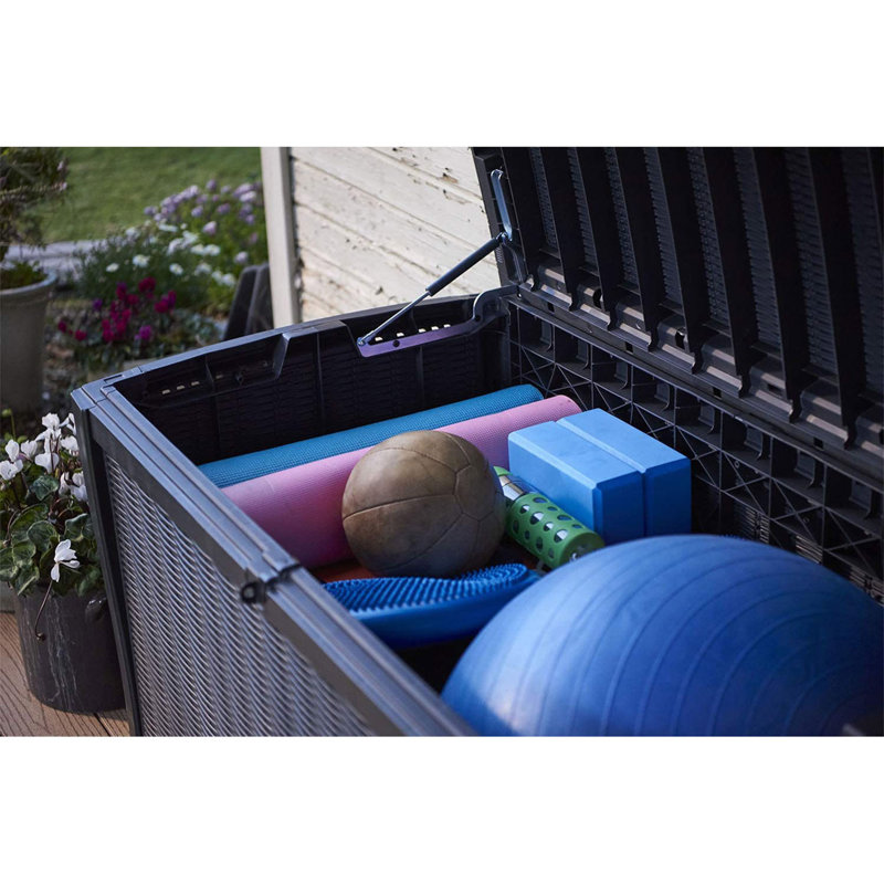 Gray Plastic Wicker Lockable Deck Storage Box Bench