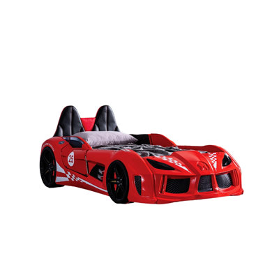 Red Twin Race Car Bed In Modern Novelty Design, Magnetic Doors, Led Lights On Wheels And Bottom, Upholstered Headboard Sides, 4 Sound Options Via Remote Device, Headlights As Night Lightsource Size