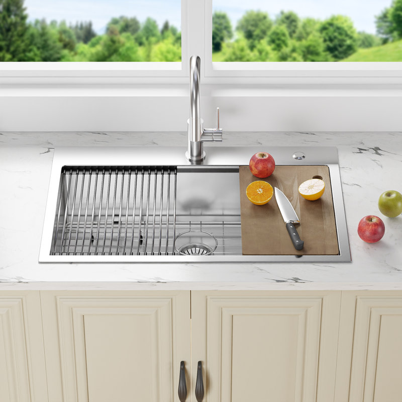 33" L X 22" W Drop In Single Bowl Kitchen Sink With Accesories, Stainless Steel