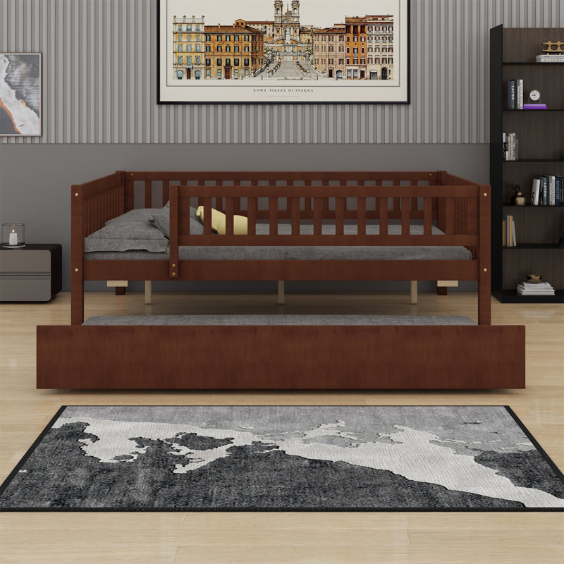 Wood Daybed With Trundle And Fence Guardrails, Walnut