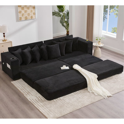 [VIDEO PROVIDED] 110.75" Modular L Shaped Sofa, Corduroy Fabric Sectional Couch,With A Movable Footstool, Cup Holders,Bring 8 Throw Pillows,Side Pocket,Unfold Into A Bed,Black