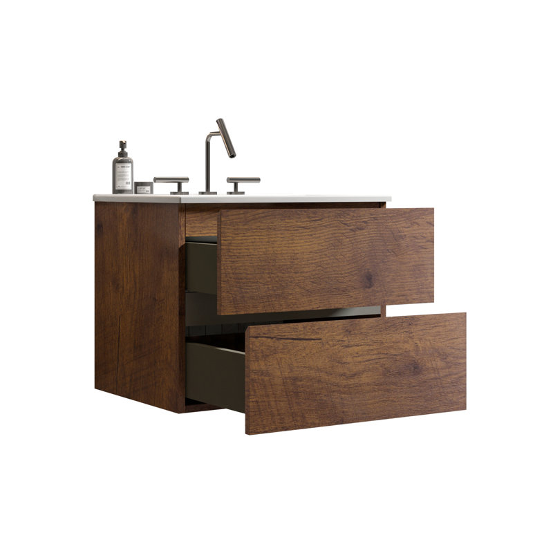 Meuble-lavabo mural 24 po en noyer - Silencieux et tendance avec évier, style chic, Noyer, 24"