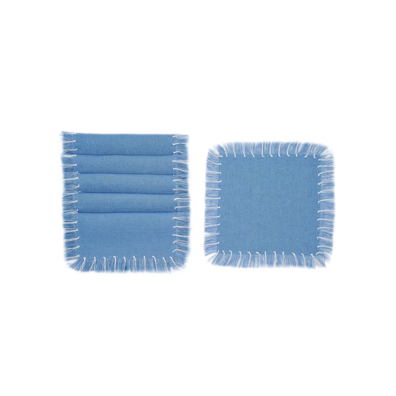 Hand Knotted Fringe Cocktail Napkin, Denim