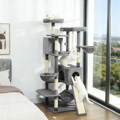 Arbre à chat de 68,5 po avec trois hamacs, deux condos et des perchoirs: des poteaux à sangles à base large et à double stabilité pour un exercice à griffes