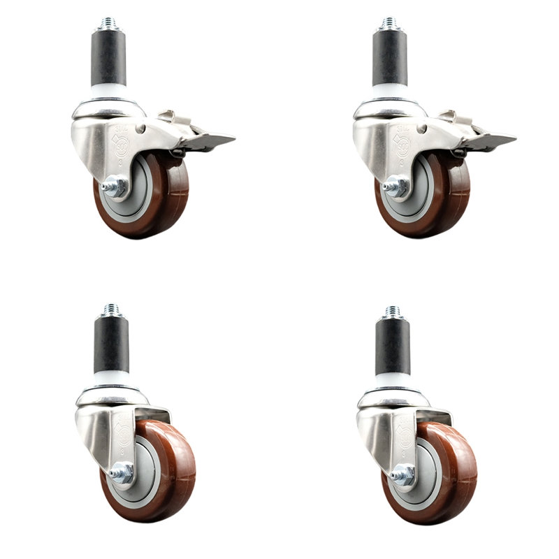 3 Inch_316SS_Poly Swivel 1-1/4 Inch_Stem Caster Set 2 Lock Brake SCC