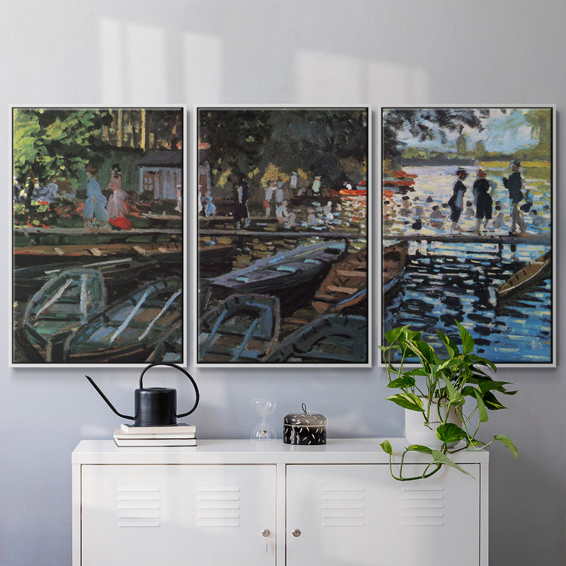 «Bathers At La Grenoullière» par Monet, reproduction sur toile 3 pièces, H 36 po x l 75 po, Cadre blanc