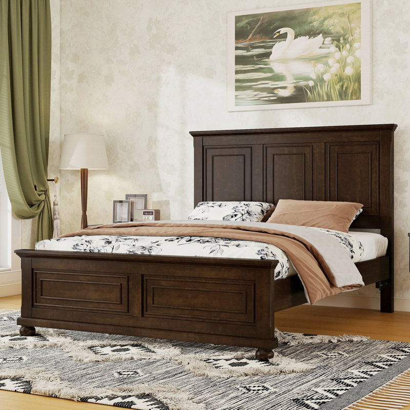Grand lit de style traditionnel en bois de pin de 83,7 x 64,9 x 52,8 pouces, brun riche, avec tête de lit USB et cadre renforcé