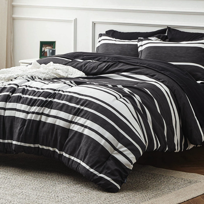 Bedsure Striped All Season Comforter Set, Queen Comforter + 6 Additional Pieces, Black
