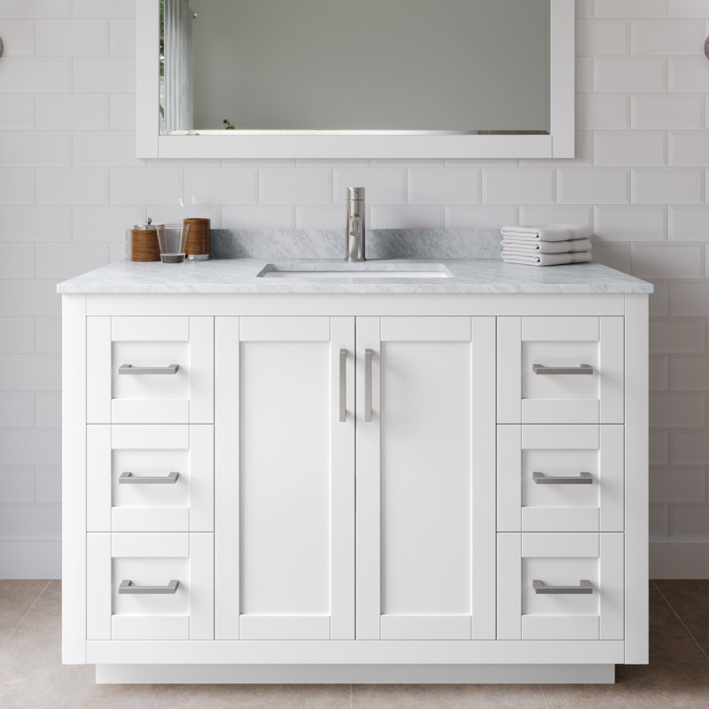 Ensemble de meuble-lavabo simple autoportant avec plateau en marbre Miranda, Blanc, Nickel brossé