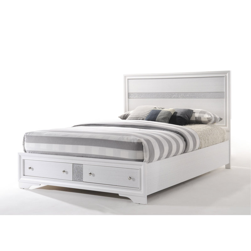 Grand lit de rangement blanc - Bois d'hévéa sans sommier tapissier requis 3 lattes + 5 panneaux 2 tiroirs avec une finition pleine extension pour matelas en acrylique et en placage de 8 à 10 po