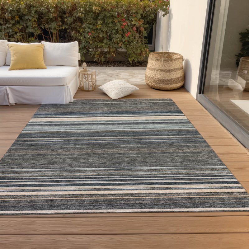 Taupe Stripe Rectangular Washable Synthetic Rug 3 ft x 5 ft