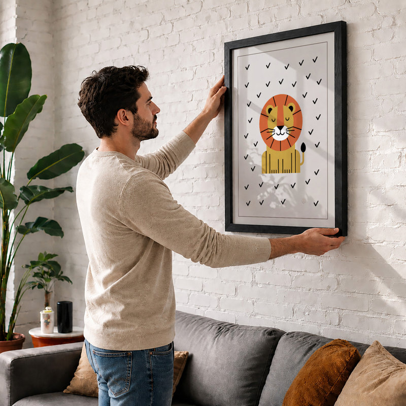 Cheerful Lion Geometric - Framed Print, A2 - 59.4 x 42.0 cm, Black