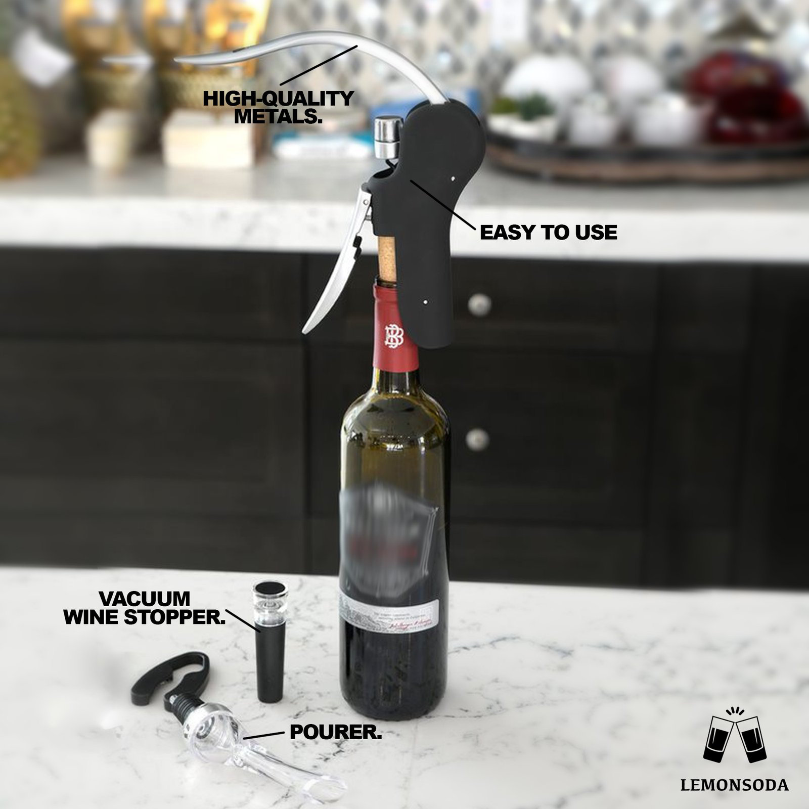 Lemonsoda Screwpull Lever Wine Bottle Opener Set - Corkscrew Wine Opener,  Foil Cutter, Wine Pourer, Vacuum Wine Stopper, Extra Spiral - Cool Metal