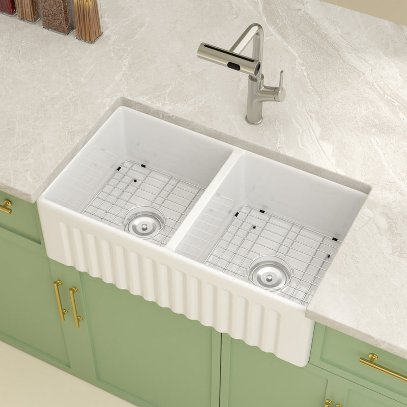Évier de cuisine en céramique 33 po x l 20 po x 33 po, évier de cuisine à double cuve 50/50 avec grille d'évier et crépine