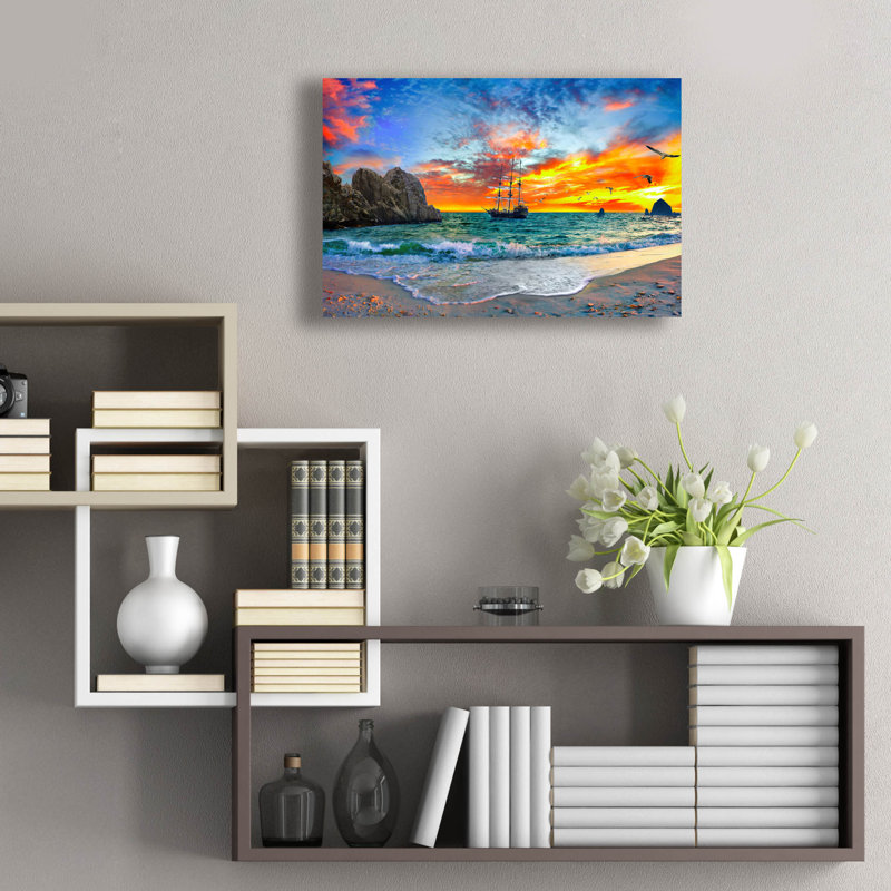 «Bateau pirate naviguant au coucher du soleil» par Ezra Tanner, art mural en verre acrylique, H 16 po x l 24 po x P 0,2 po