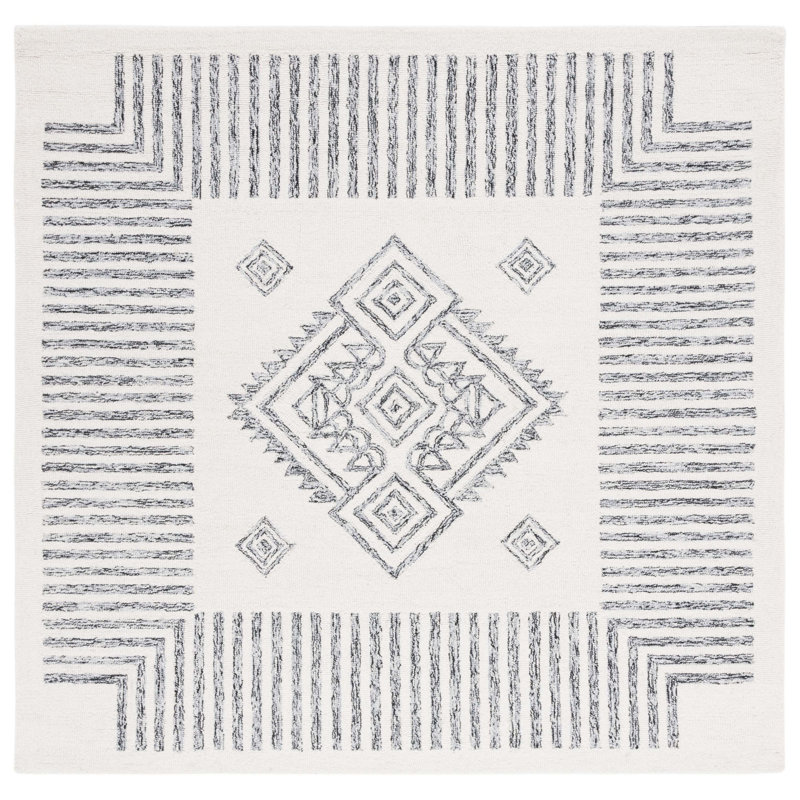Lavardens Hand Tufted Wool/Cotton Oriental Rug in Black/Ivory, Square 6'