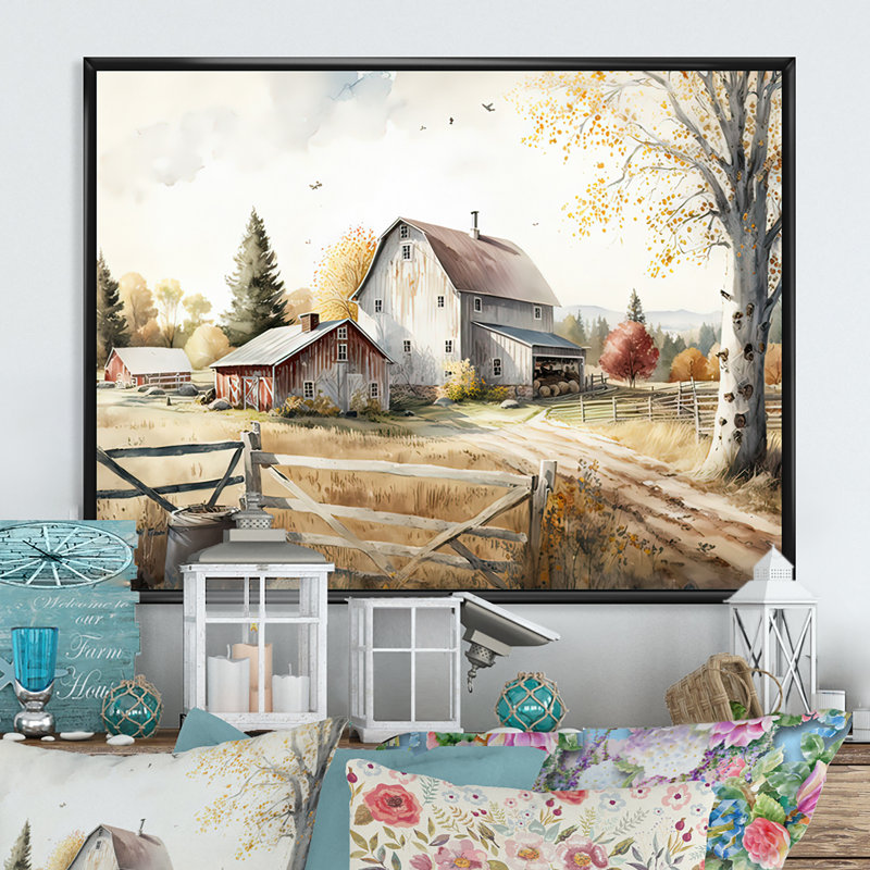 «Beautiful Barn In Spring II», art mural sur toile paysage de grange, H 24 po x l 32 po, Reproduction avec cadre flottant
