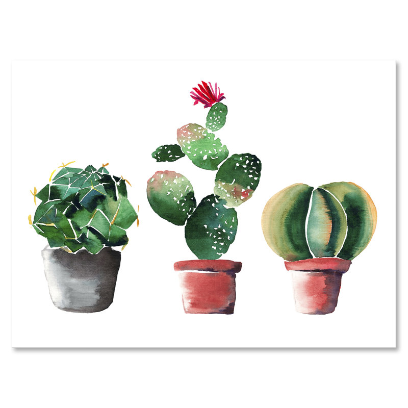 Trois cactus dans des pots en argile - peinture sur toile, H 30 po x l 40 po x 1,5 po, Toile tendue