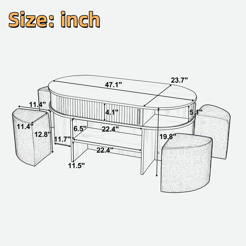 Table basse multifonctionnelle ovale avec rangement caché à lattes, compartiment de rangement ouvert et 4 tabourets courbés rembourrés