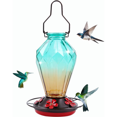 Glass Hummingbird Feeder For Outdoors Hanging, 25Oz Humming Bird Nectar Feeder, Perch, 5 Flower Feeding Ports, Leak Proof Base, Hook For Outside Garden Backyard, Gift For Women, Diamond Green