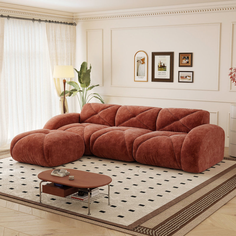 Canapé modulaire touffeté et désossé 110 pièces l 110 po avec repose-pieds mobile, Red Brown Velvet