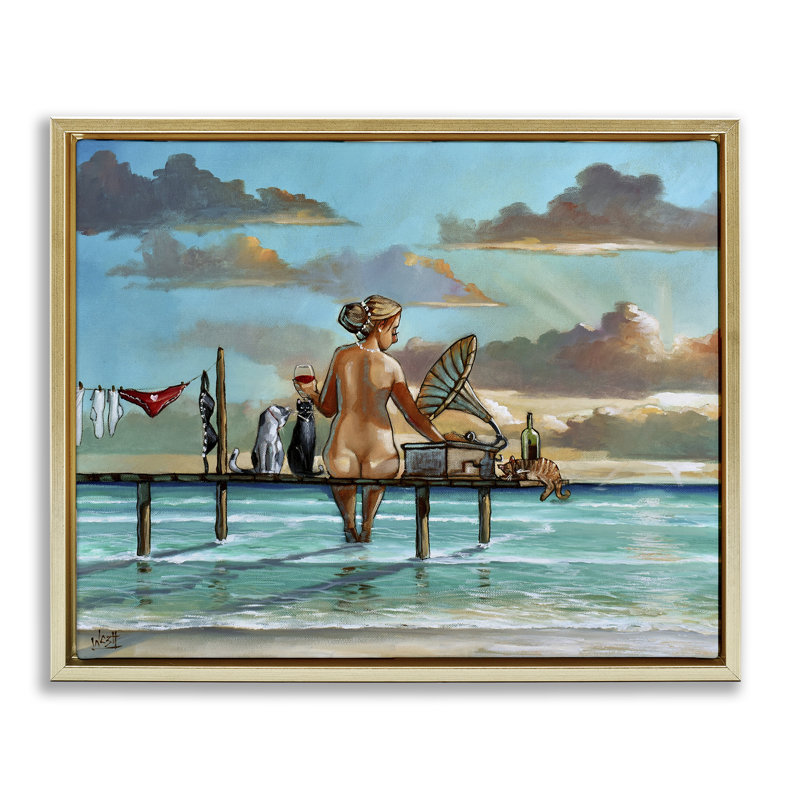 Cadre flottant «Woman & Cats Beach Sunset», design par Ronald West, H 17 po x l 21 po, Cadre flottant métallique doré
