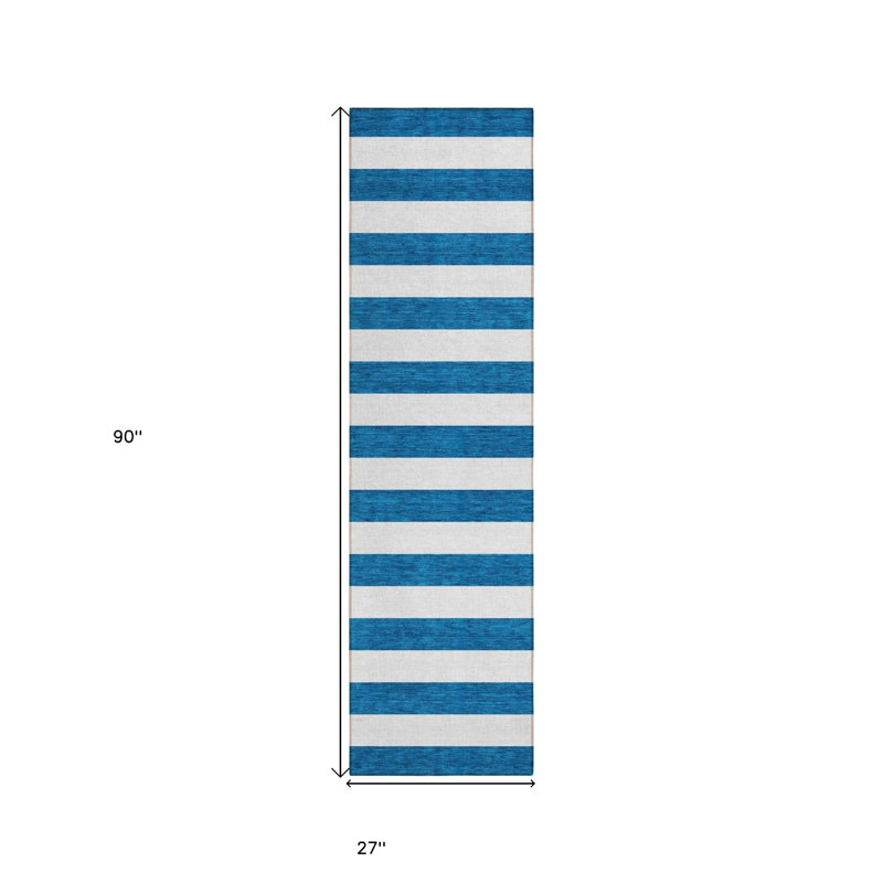 8' Runner Navy Blue Striped Washable Non Skid Indoor Outdoor Runner Rug