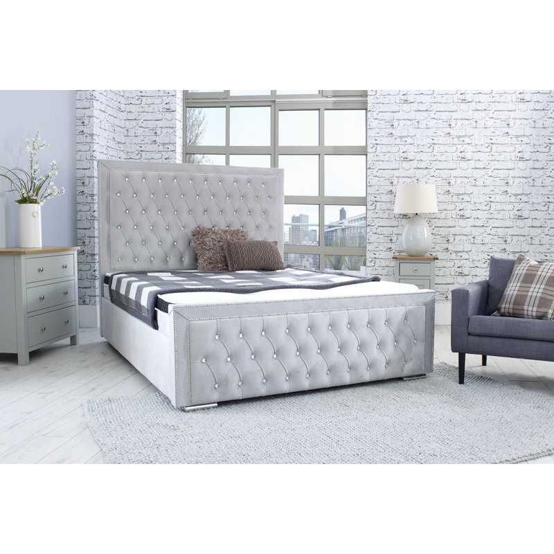 Joseline Upholstered Velvet Sleigh Bed, Double (4'6), Silver