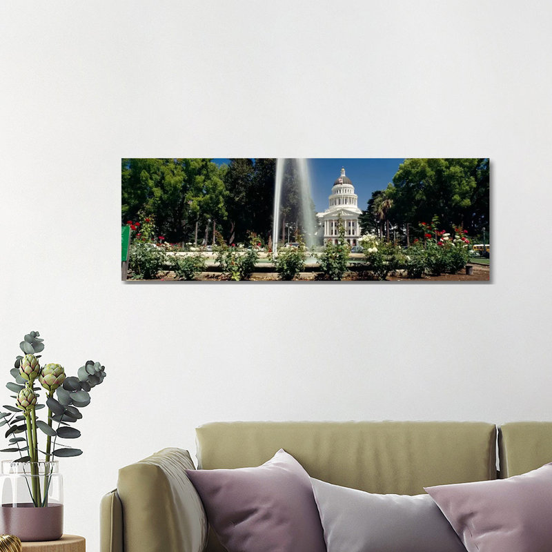 Fountain in a garden in front of a state capitol building, Sacramento, California, USA 1 Piece Wrapped Canvas Panoramic Wall Art