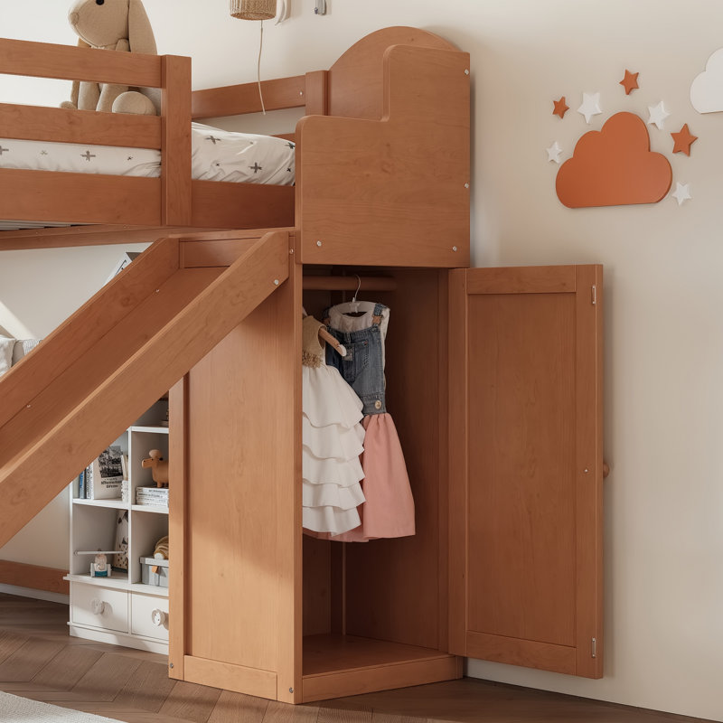 Lit mezzanine double en bois massif avec escalier de rangement, glissade et garde-robe intégrée, Full, Walnut