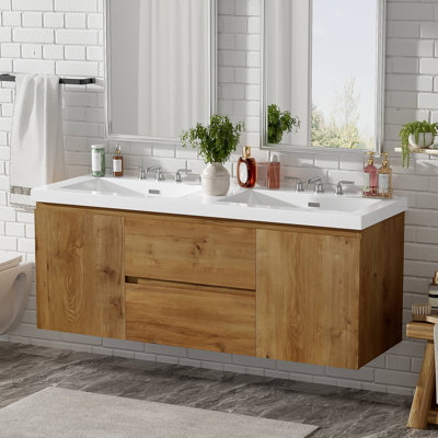 Meuble-lavabo double avec comptoir en SMC, armoire en panneau de fibres à densité moyenne, portes à fermeture en douceur, tiroirs divisés, meuble-lavabo mural moderne pour les grandes salles de bain