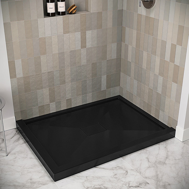 60 in. x 36 in. Corner Acrylic Shower Base in Glossy Black With Center Drain, Drain Included, Glossy Black