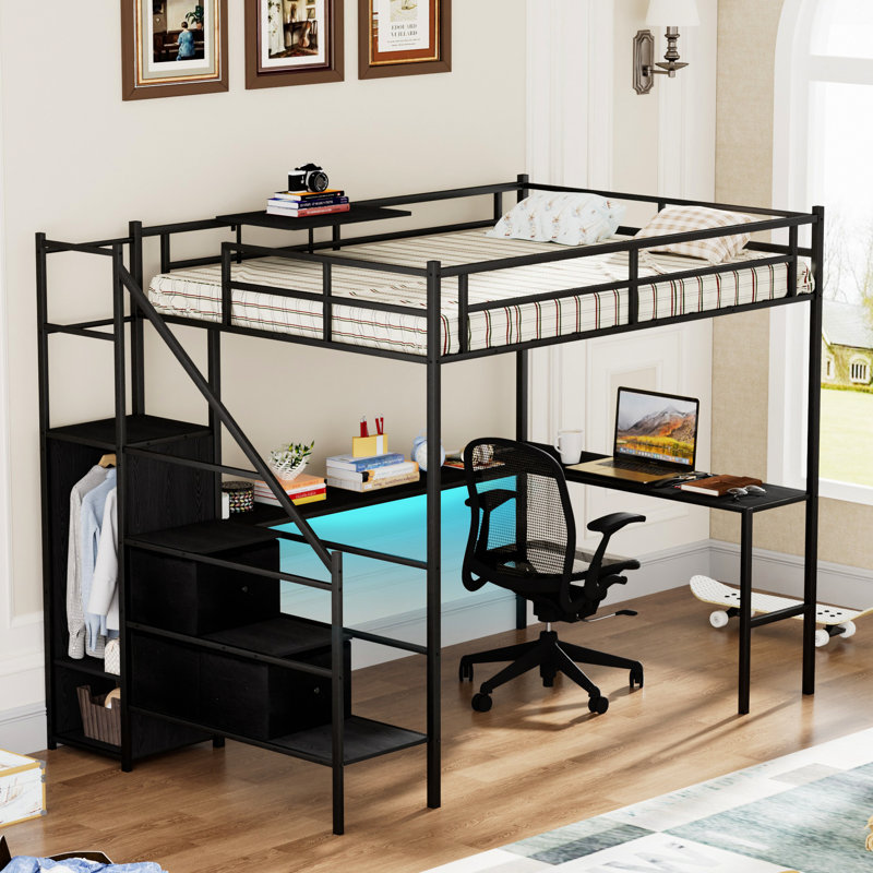 Lit double avec bureau en L, lumières à DEL et matériaux de qualité - Meuble de qualité supérieure