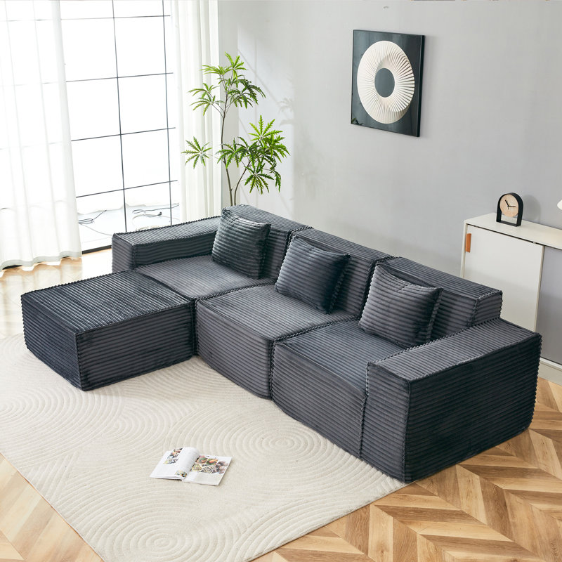 Canapé modulaire en L, Velours côtelé gris foncé