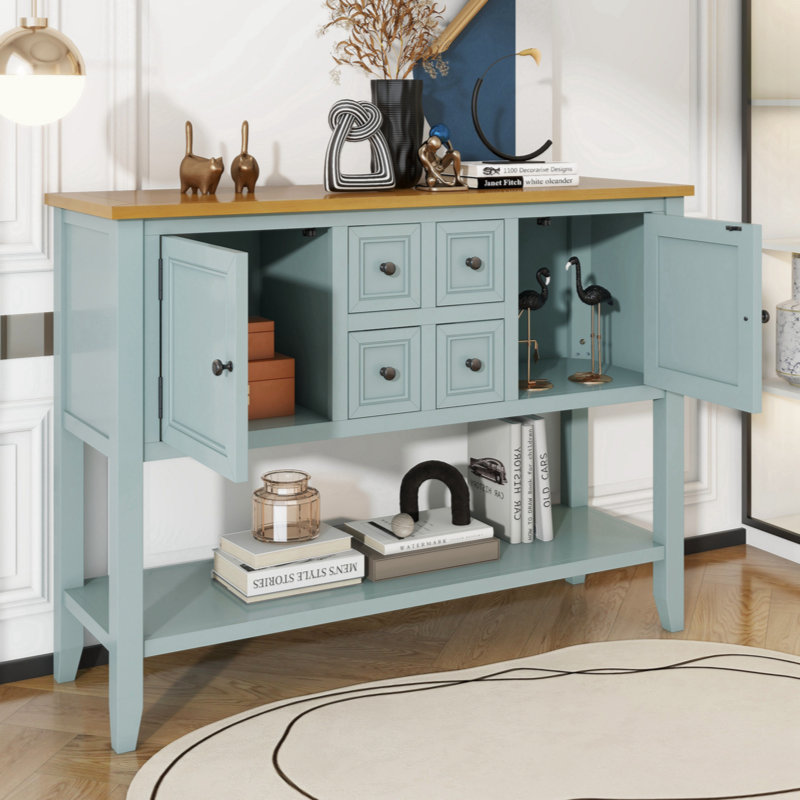 Keyania Coffee Console Table with Four Small Drawers and Bottom Shelf, Lime White