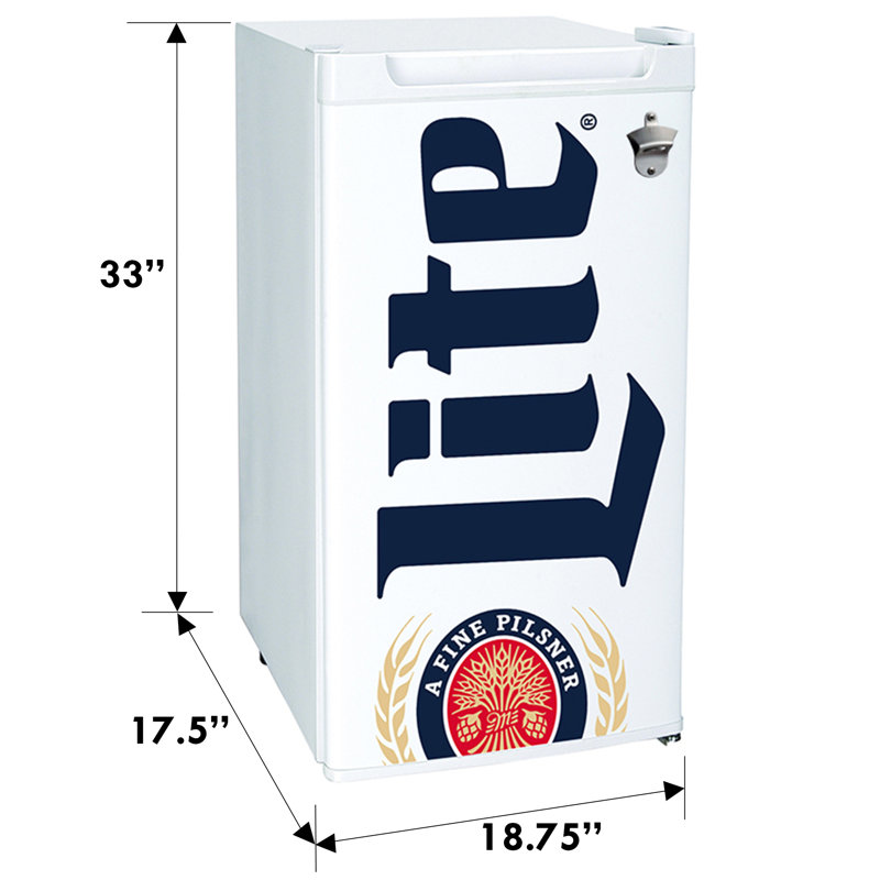 Miller Light 3.2 Cu. Ft. Mini Fridge with Built-In Bottle Opener, Compact Refrigerator for Dorm Room, Office & Bedroom, Freestanding Beverage Refrigerator, White