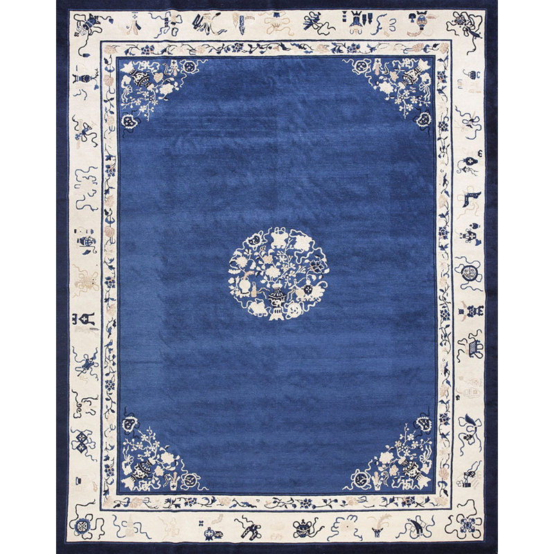 Antique Peking Chinese Floral, Medallion Blue 1880s Rug
