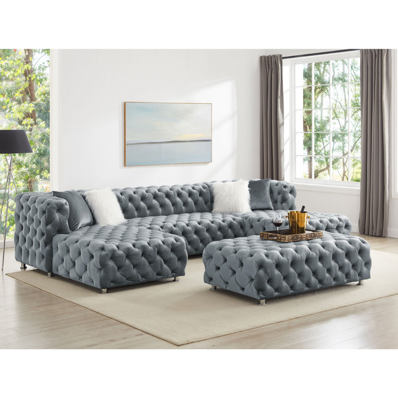 Canapé modulaire en forme de U de 145 po en velours capitonné avec repose-pieds et repose-pieds pour 4 personnes