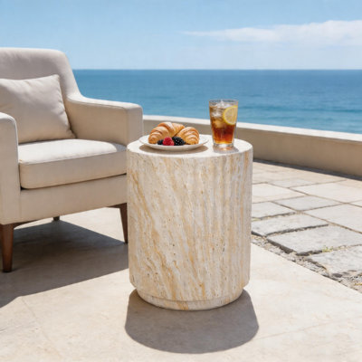 COSIEST Outdoor Cylinder Side Table, MgO Patio End Table with Wave Design, Lightweight Accent Table & Plant Stand for Garden & Balcony
