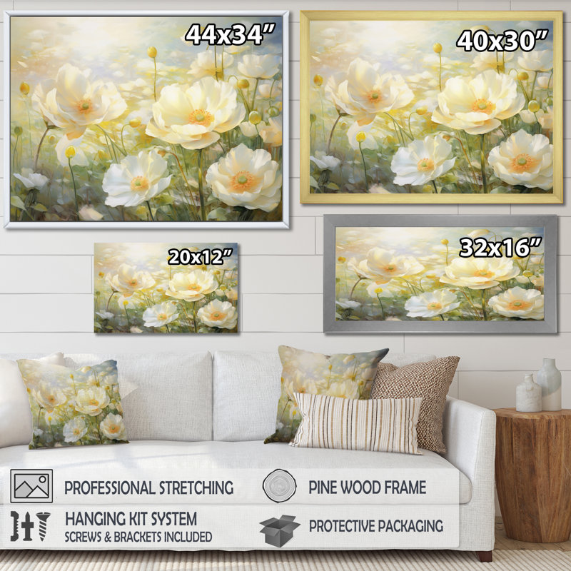 «White Yellow Buttercups Romantic Impression I», reproduction sur toile, Toile tendue, H 34 po x l 44 po x P 1,5 po