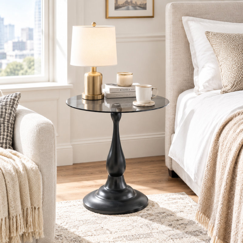 Table de bout ronde à piédestal en verre trempé 19,6 po avec base en métal, Plateau gris/ base noire