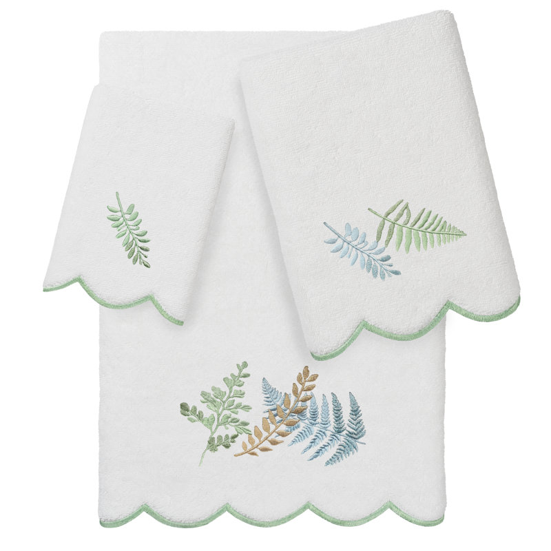  Ensemble de serviettes 100% coton festonné 100% coton FERN Toss, Blanc / beige, Ensemble 3 serviettes de bain