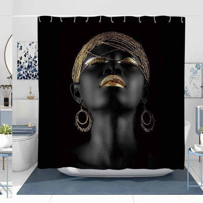 Golden Glam Afro Girl Shower Curtain Set - Washable Polyester with 12 Hooks, Bathroom Decor Accessories