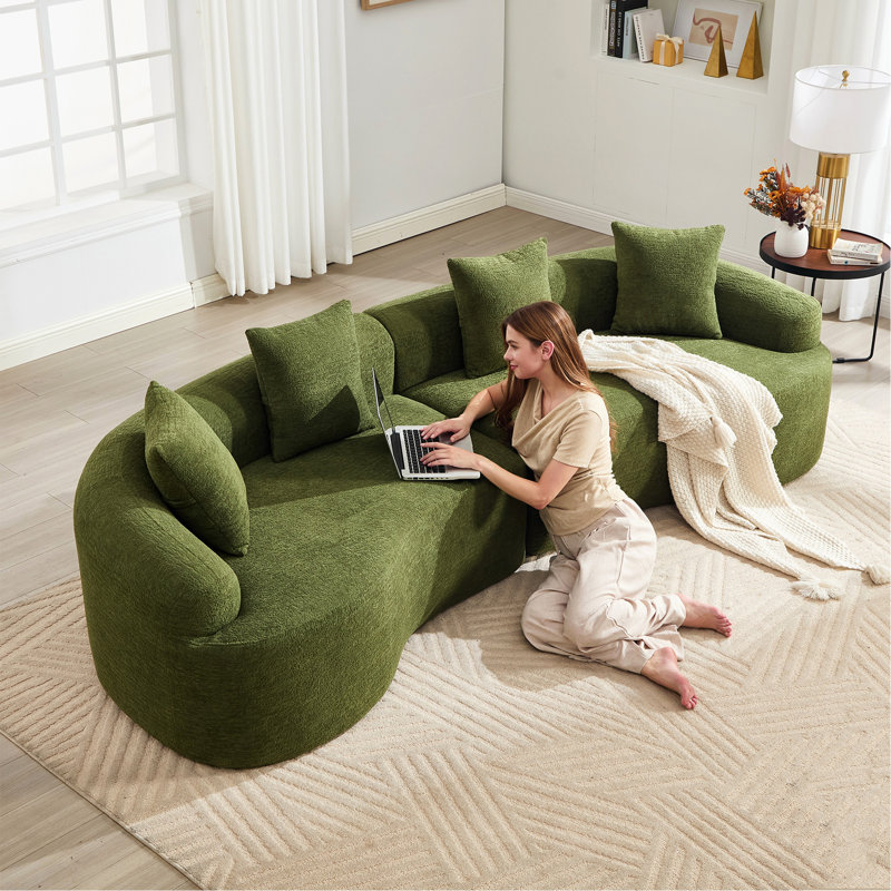 Canapé incurvé sans arête, canapé modulaire à compression de 110 po, vert haute densité, canapé-lit pour salon, salon, chambre à coucher, chenille