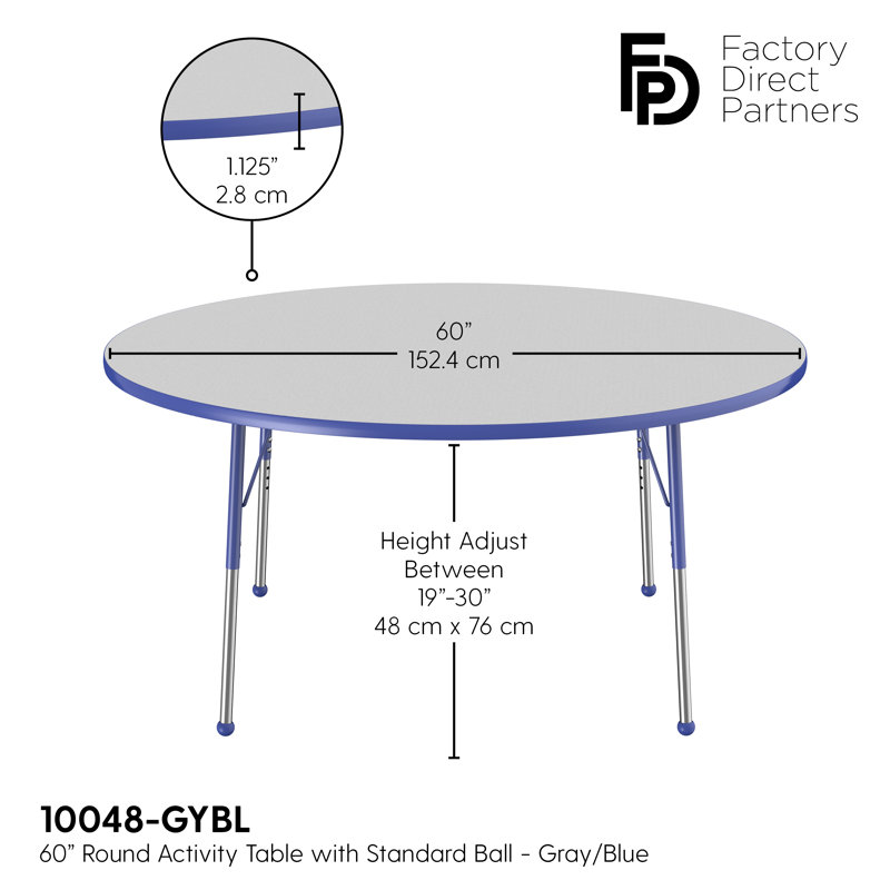 Table ronde à hauteur réglable, H 24 po x L 60 po x l 60 po, Gris / bleu, Standard Ball Glide