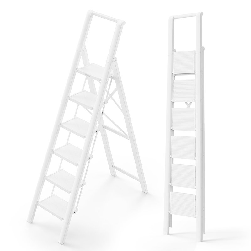 6 - Step Aluminum Folding Small Step Ladder, White